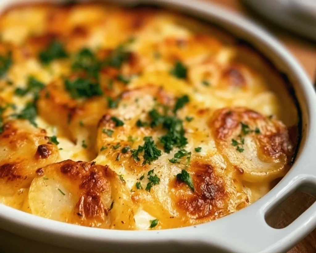Creamy scalloped potatoes baked to perfection in a casserole dish