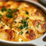Creamy scalloped potatoes baked to perfection in a casserole dish