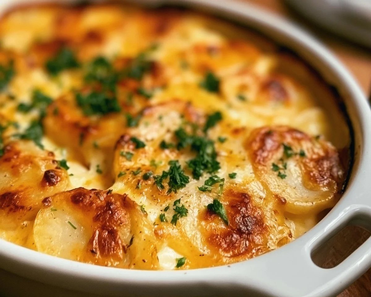 Creamy scalloped potatoes baked to perfection in a casserole dish