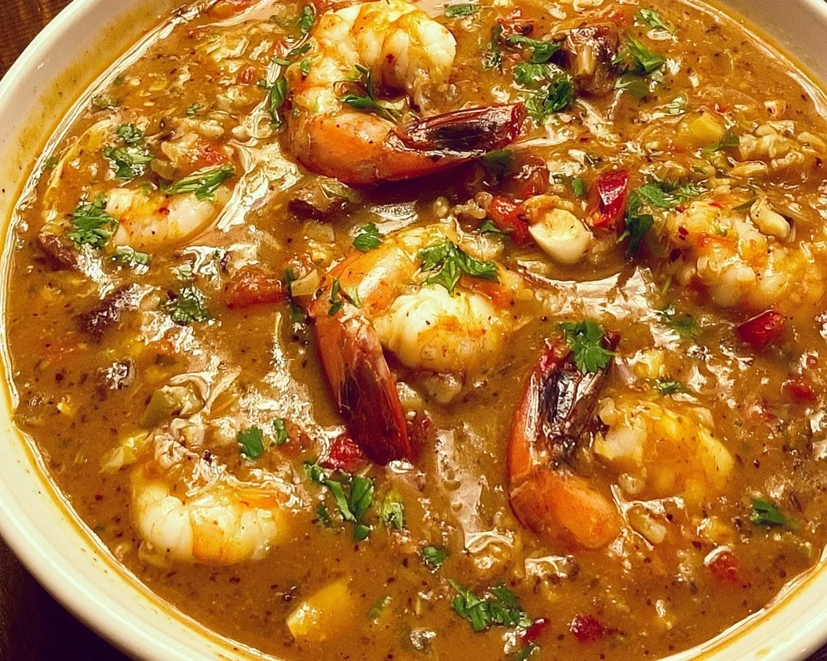 Bowl of hearty Seafood Gumbo with shrimp, crab, and spices