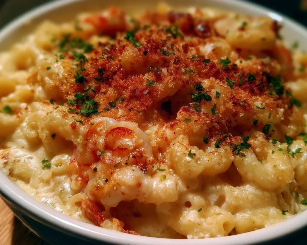 A creamy bowl of Seafood Mac and Cheese with shrimp and crispy topping.