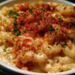 A creamy bowl of Seafood Mac and Cheese with shrimp and crispy topping.