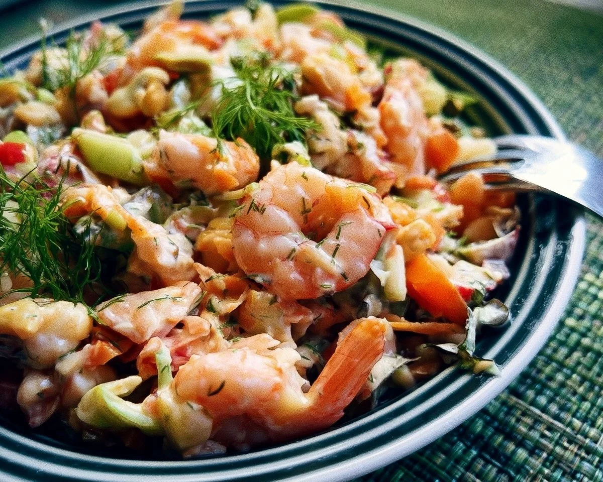 Delicious seafood salad garnished with fresh herbs and vegetables