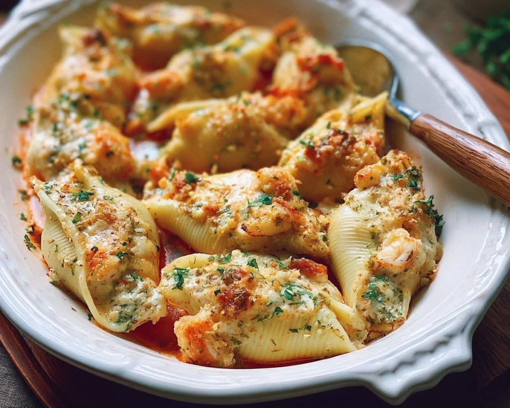 Baked seafood stuffed shells with creamy filling and garnished herbs