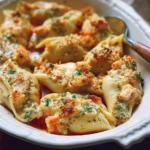 Baked seafood stuffed shells with creamy filling and garnished herbs