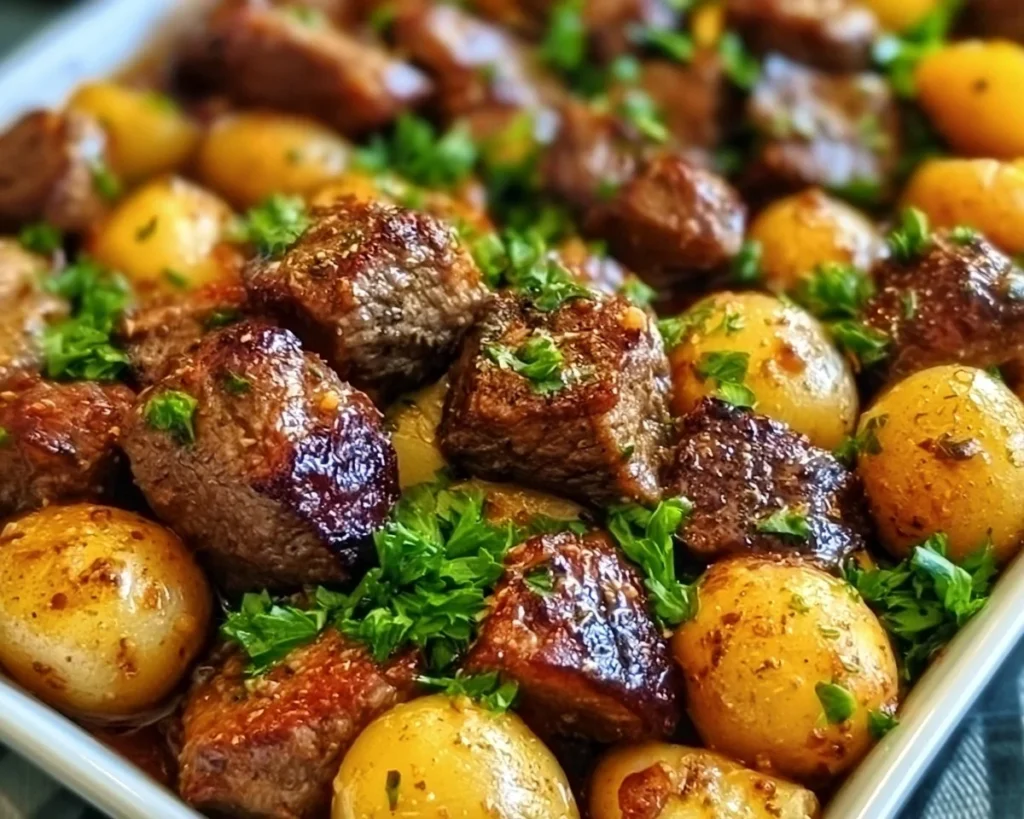 Delicious sheet pan garlic butter steak bites with potatoes ready to serve.