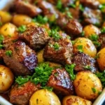 Delicious sheet pan garlic butter steak bites with potatoes ready to serve.