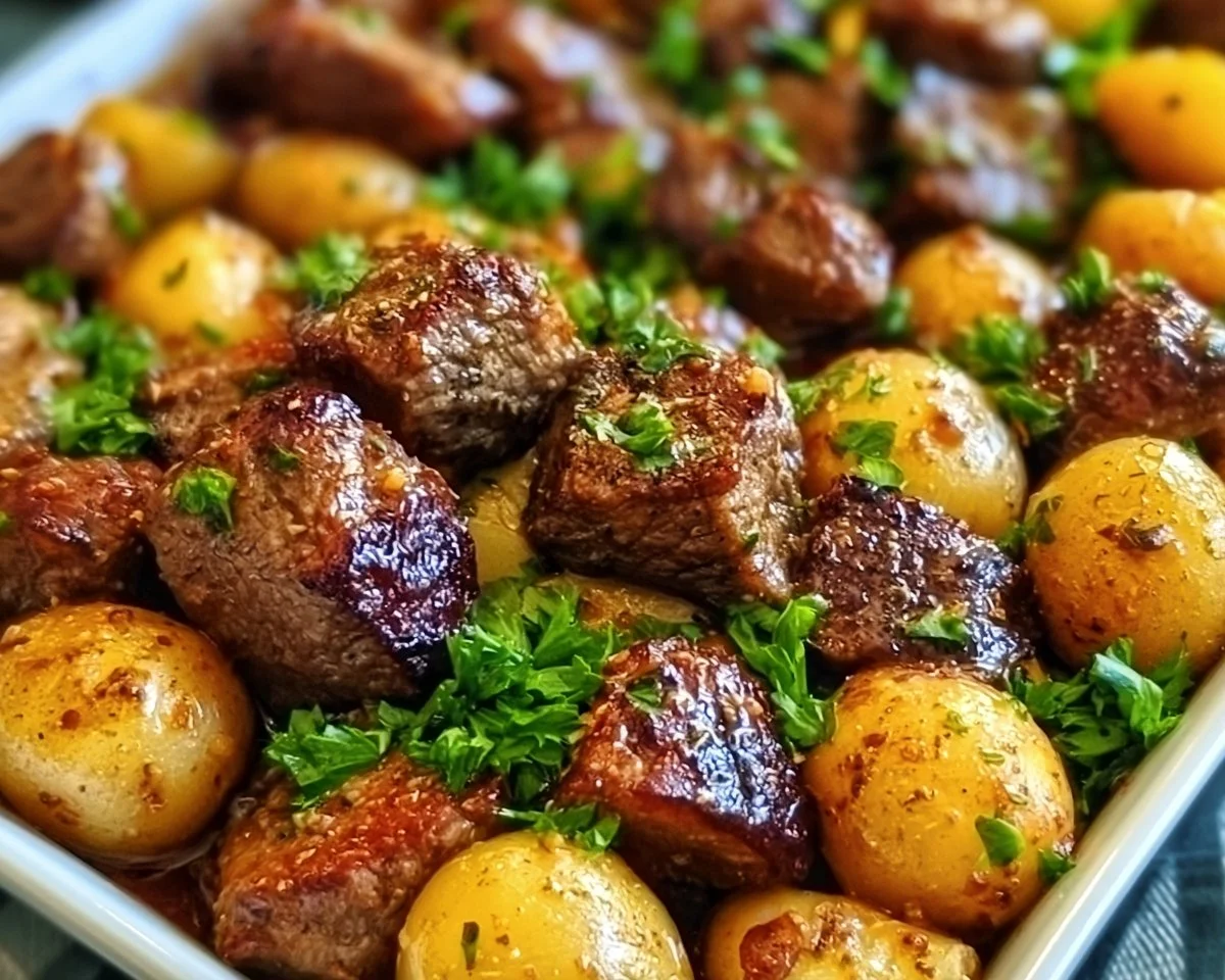 Delicious sheet pan garlic butter steak bites with potatoes ready to serve.