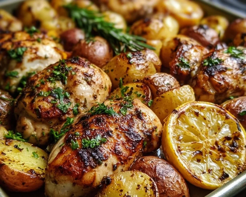 Sheet pan lemon balsamic chicken and potatoes ready to serve for dinner