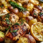 Sheet pan lemon balsamic chicken and potatoes ready to serve for dinner