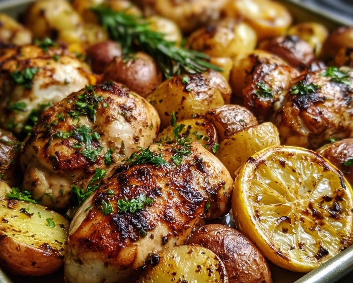 Sheet pan lemon balsamic chicken and potatoes ready to serve for dinner