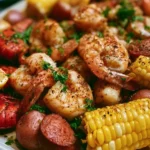 Delicious shrimp boil with garlic butter served in a festive low country feast.
