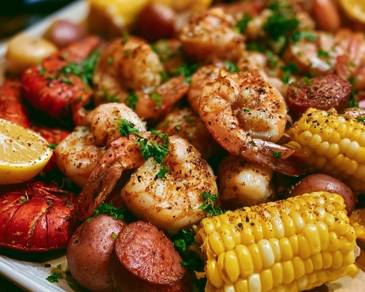 Delicious shrimp boil with garlic butter served in a festive low country feast.