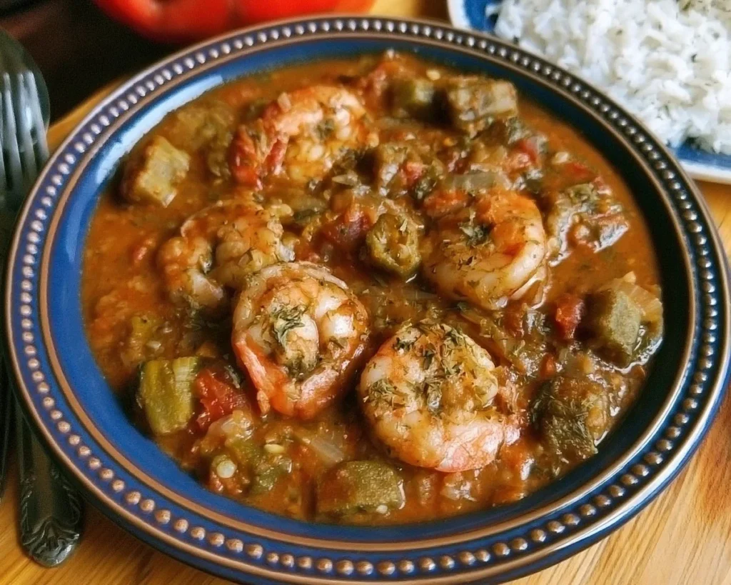 Smothered okra with shrimp dish served in a bowl, highlighting fresh ingredients.