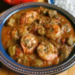 Smothered okra with shrimp dish served in a bowl, highlighting fresh ingredients.