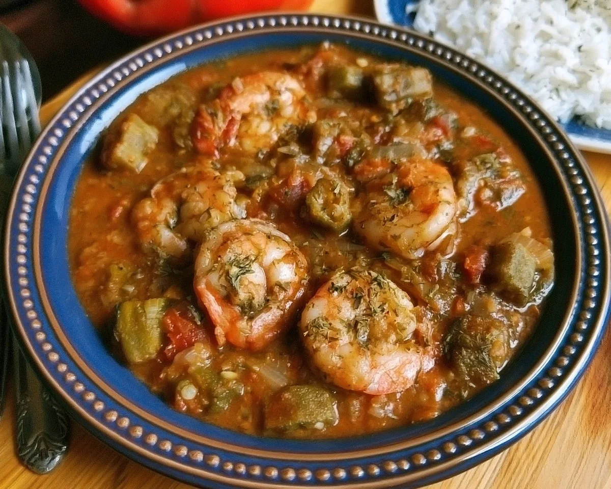 Smothered okra with shrimp dish served in a bowl, highlighting fresh ingredients.