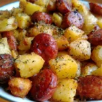 Southern fried potatoes and sausage served on a plate