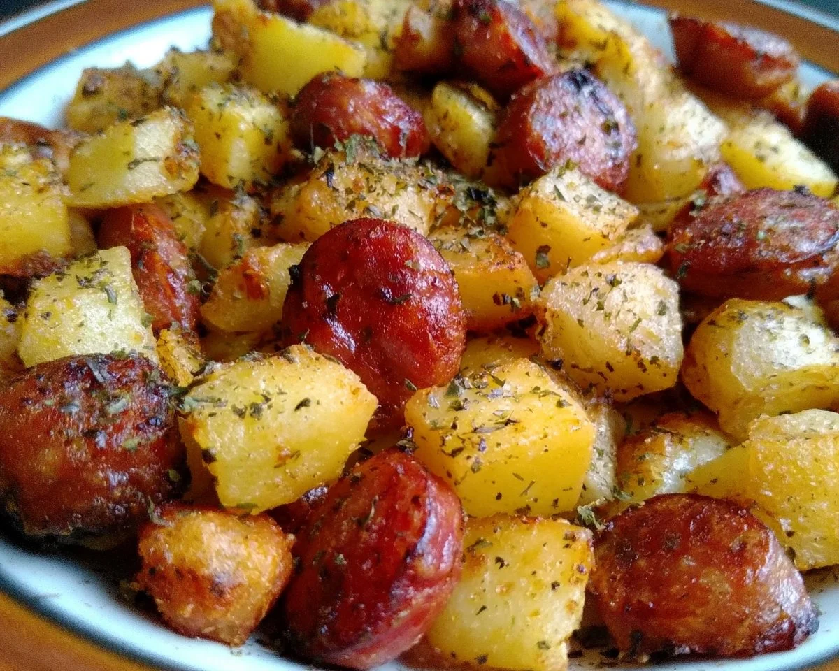 Southern fried potatoes and sausage served on a plate