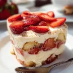 Delicious Strawberry Tiramisu layered with fresh strawberries and creamy mascarpone.