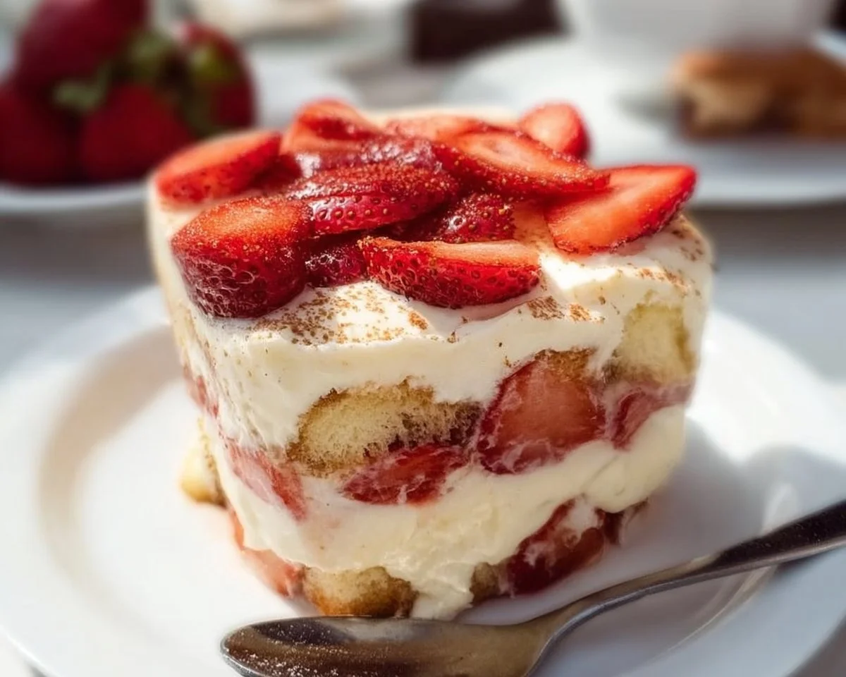 Delicious Strawberry Tiramisu layered with fresh strawberries and creamy mascarpone.