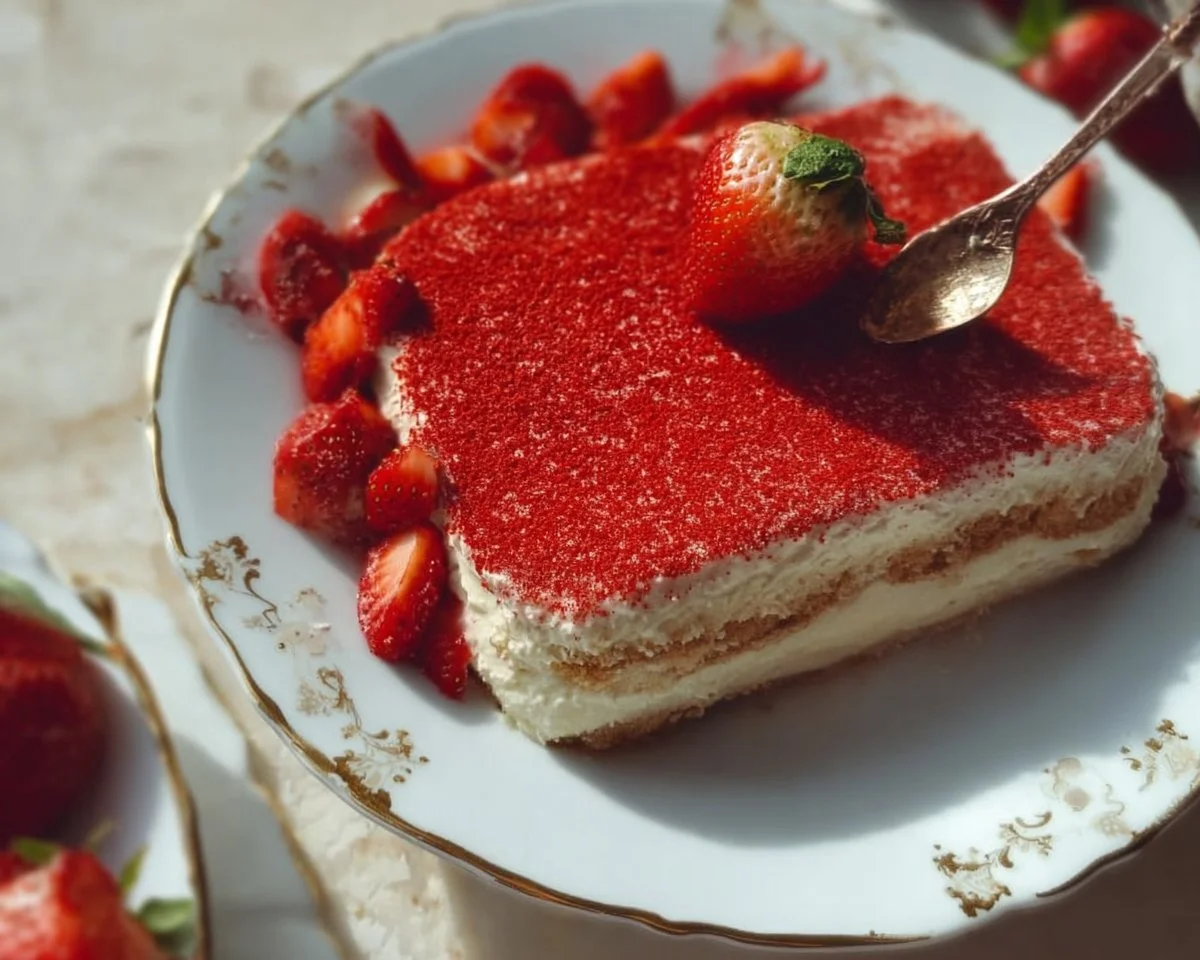 Delicious strawberry tiramisu with layers of mascarpone and strawberries