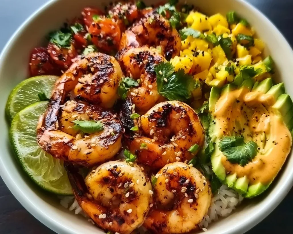 A vibrant charred shrimp and avocado bowl garnished with fresh herbs
