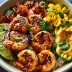 A vibrant charred shrimp and avocado bowl garnished with fresh herbs