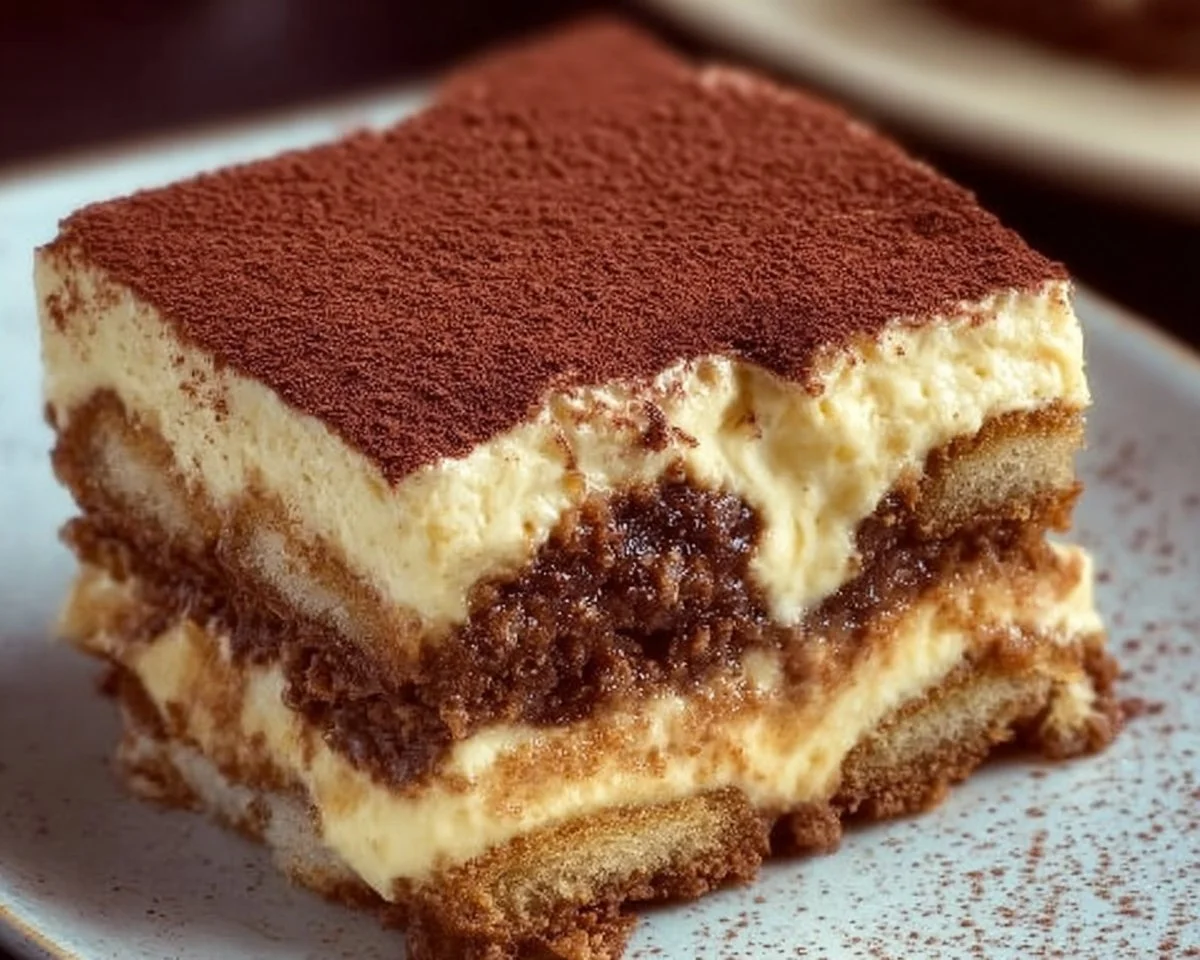 Delicious tiramisu dessert with coffee, mascarpone, and cocoa powder layers.