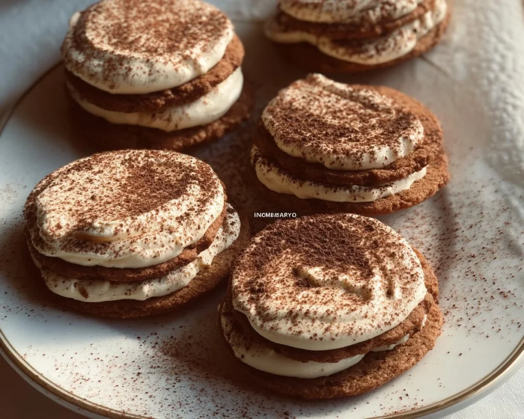 Delicious homemade tiramisu cookies garnished with cocoa and mascarpone cream