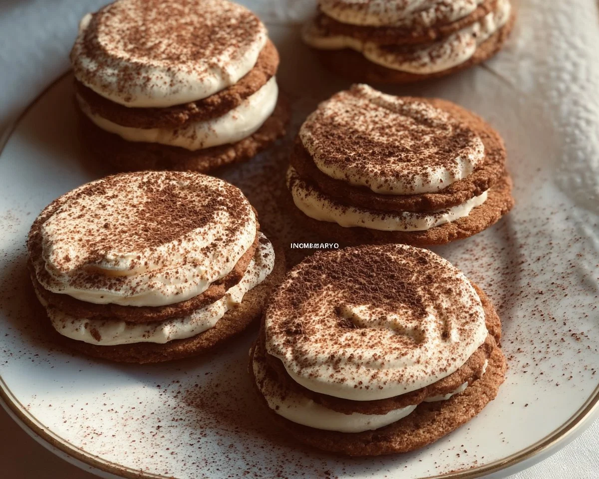 Delicious homemade tiramisu cookies garnished with cocoa and mascarpone cream