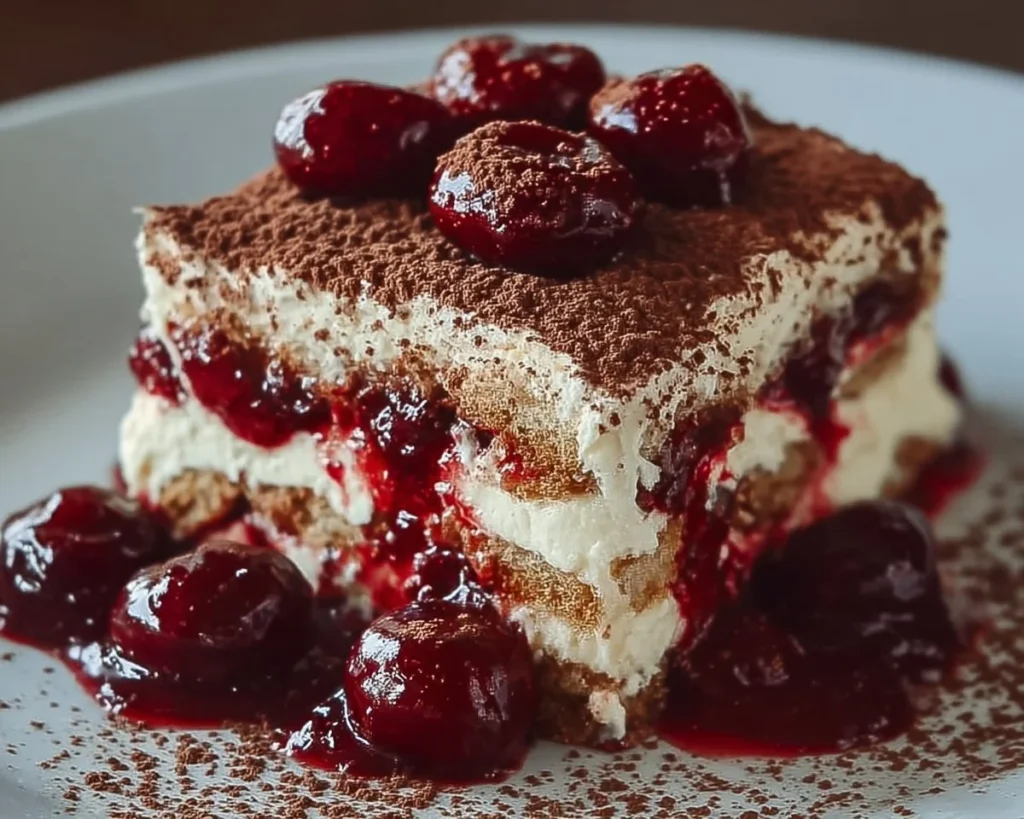 Delicious Tiramisu with Cherry Compote dessert served in a beautiful presentation.