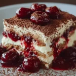 Delicious Tiramisu with Cherry Compote dessert served in a beautiful presentation.