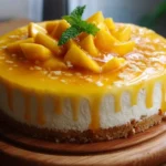 Tropical Paradise Mango Cheesecake topped with fresh mango slices