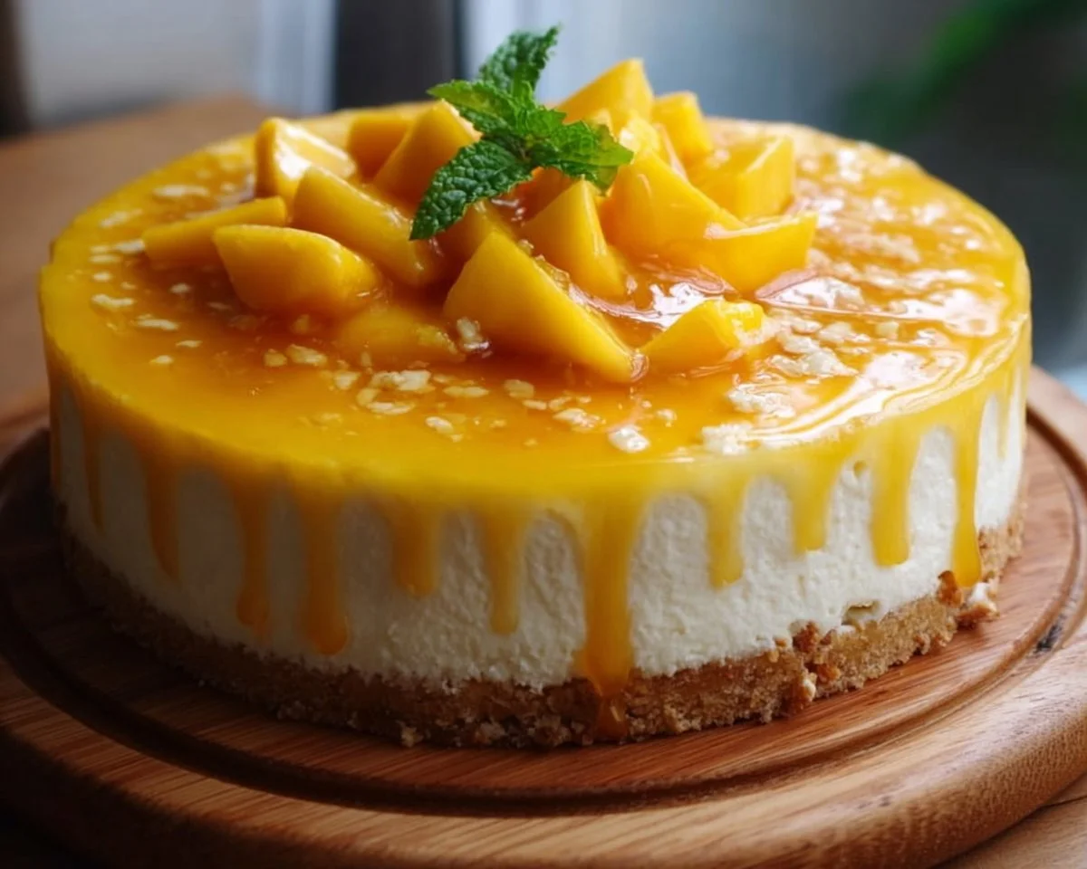 Tropical Paradise Mango Cheesecake topped with fresh mango slices