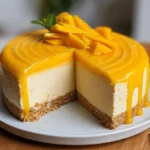 Delicious Vegan Mango Cheesecake topped with fresh mango slices