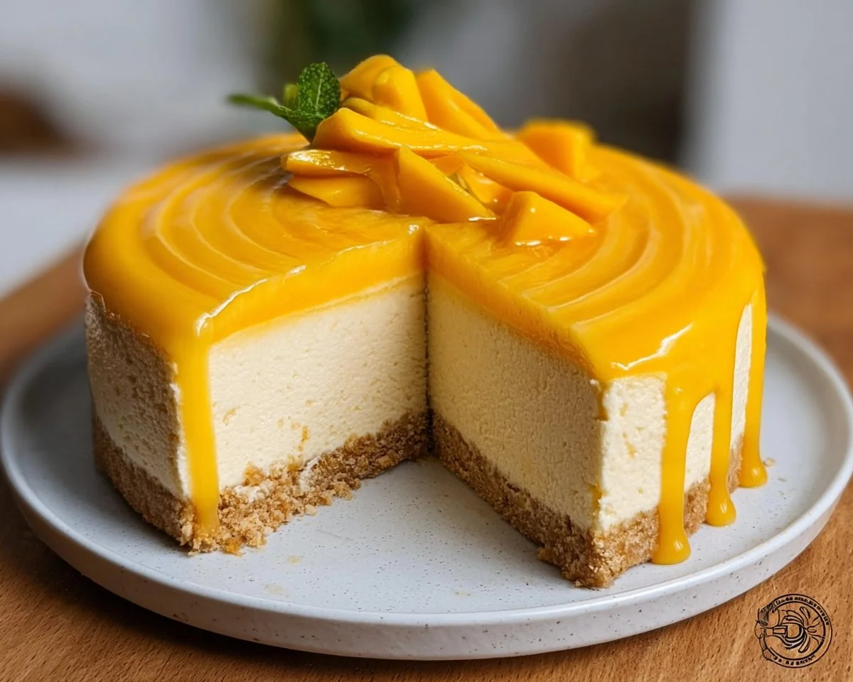 Delicious Vegan Mango Cheesecake topped with fresh mango slices