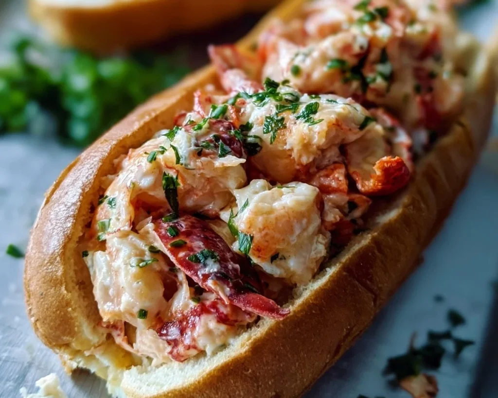 Delicious warm lobster roll with fresh lobster and toppings served in a toasted bun.