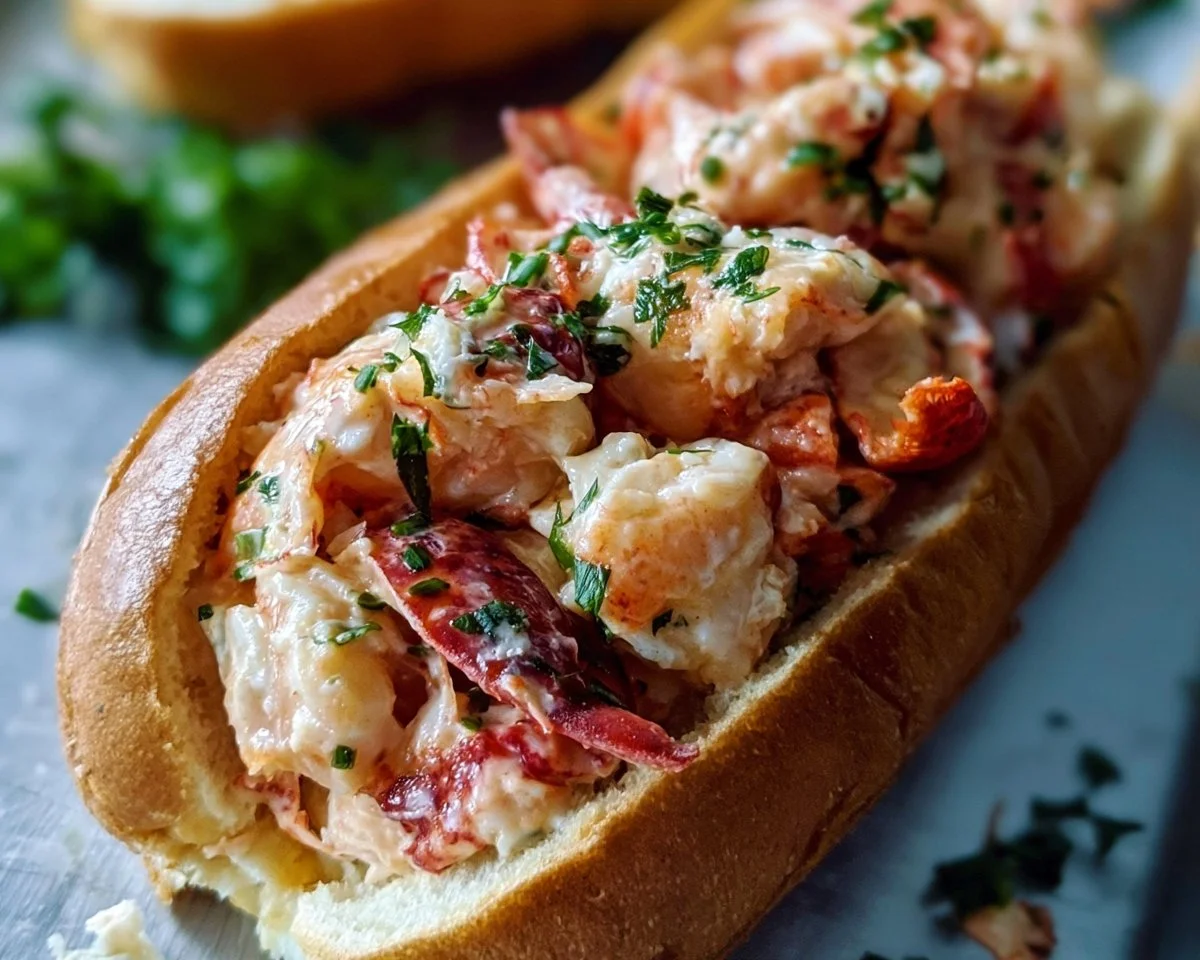 Delicious warm lobster roll with fresh lobster and toppings served in a toasted bun.
