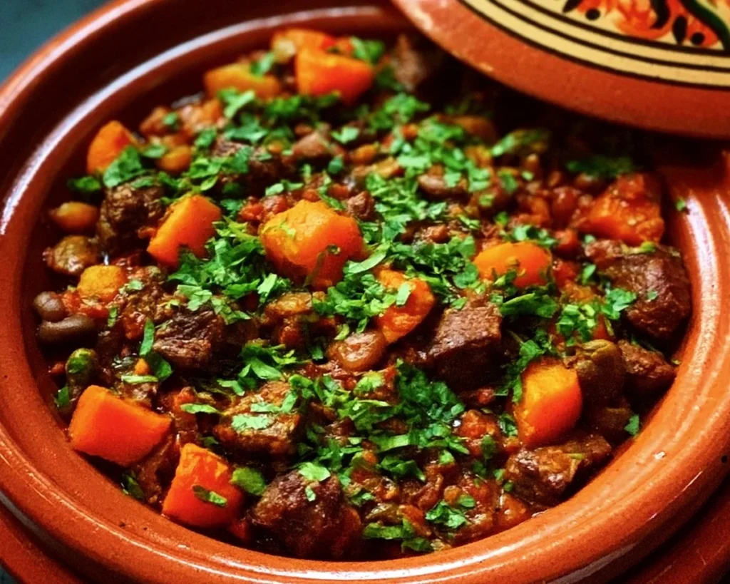 Delicious authentic Moroccan Beef Tagine served with aromatic spices and vegetables.