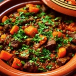 Delicious authentic Moroccan Beef Tagine served with aromatic spices and vegetables.