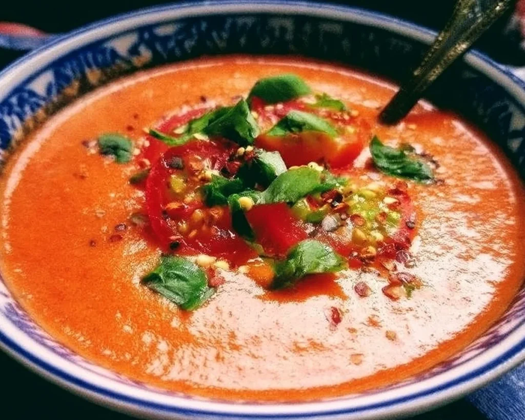 Bowl of authentic tomato gazpacho served with fresh vegetables and herbs