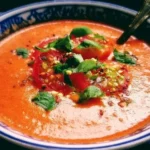 Bowl of authentic tomato gazpacho served with fresh vegetables and herbs
