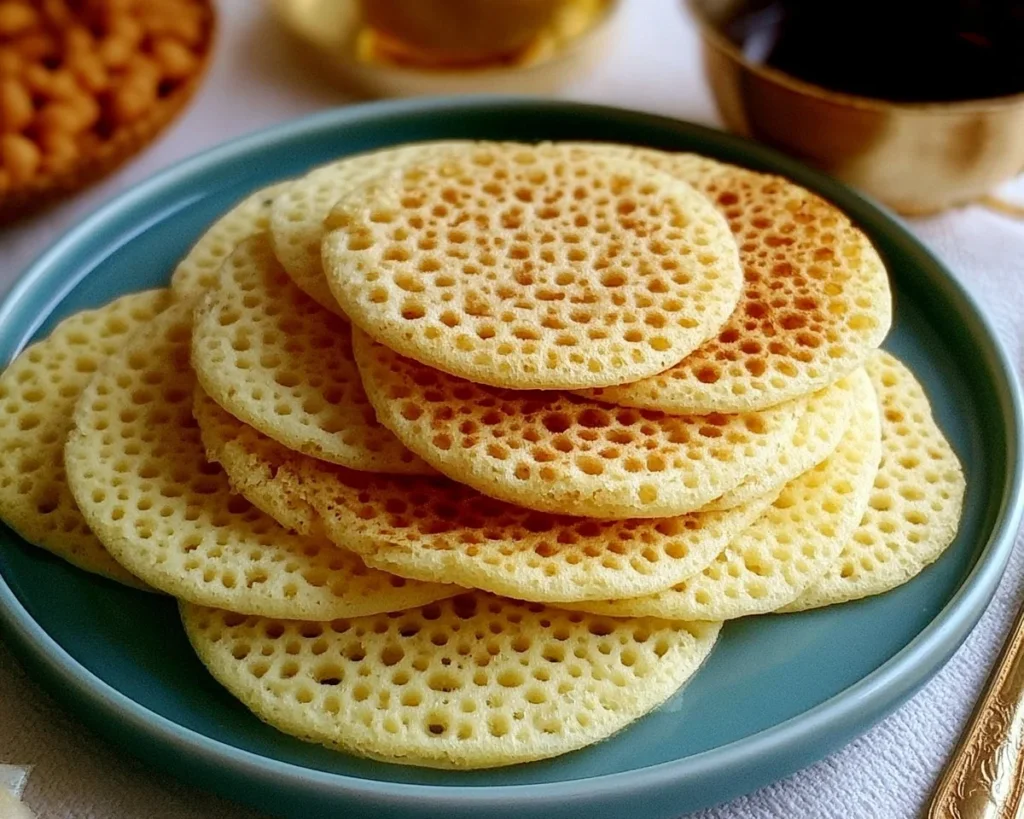 Baghrir Moroccan pancakes topped with honey and butter on a plate.
