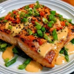 Baked Bang Bang Salmon served on a plate garnished with herbs.