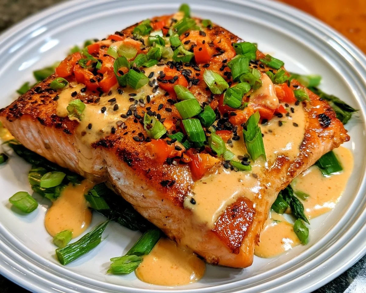 Baked Bang Bang Salmon served on a plate garnished with herbs.