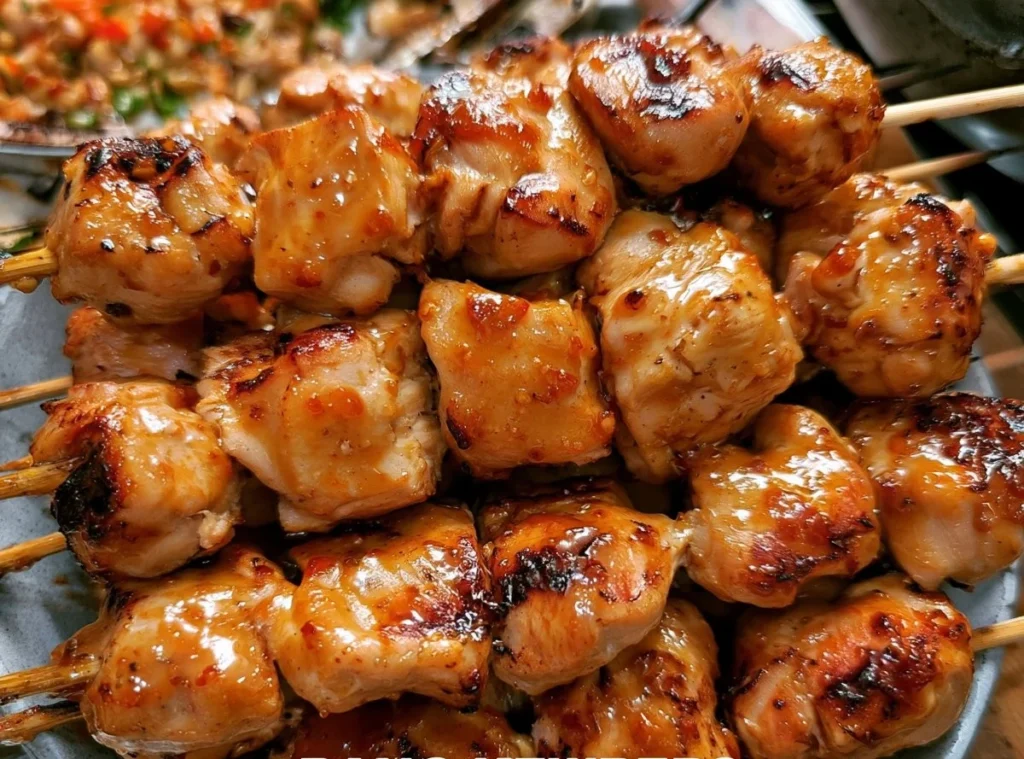 Delicious Bang Bang Chicken Skewers served on a platter with dipping sauce.