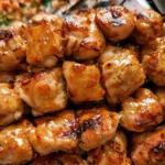 Delicious Bang Bang Chicken Skewers served on a platter with dipping sauce.