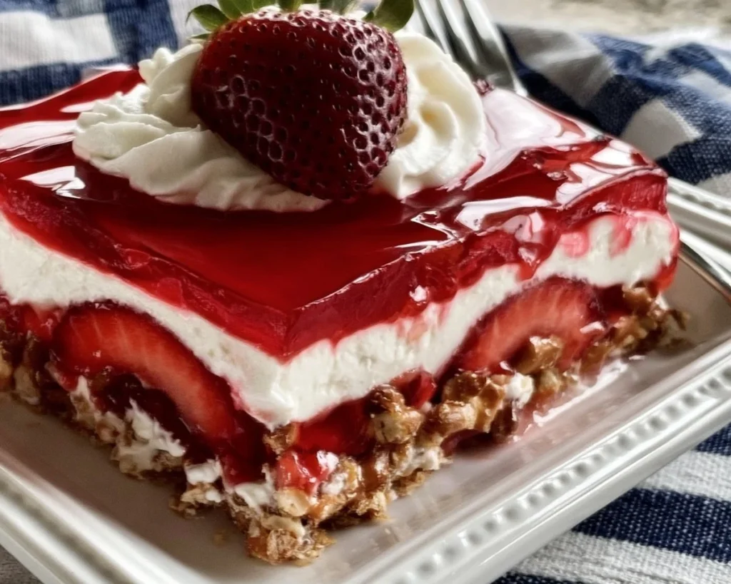 Delicious Strawberry Pretzel Jello Salad in a glass bowl topped with whipped cream.
