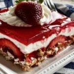 Delicious Strawberry Pretzel Jello Salad in a glass bowl topped with whipped cream.