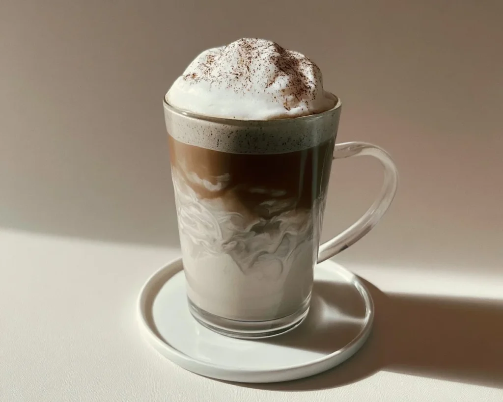 Black Sesame Hojicha Einspänner served in a glass with whipped cream